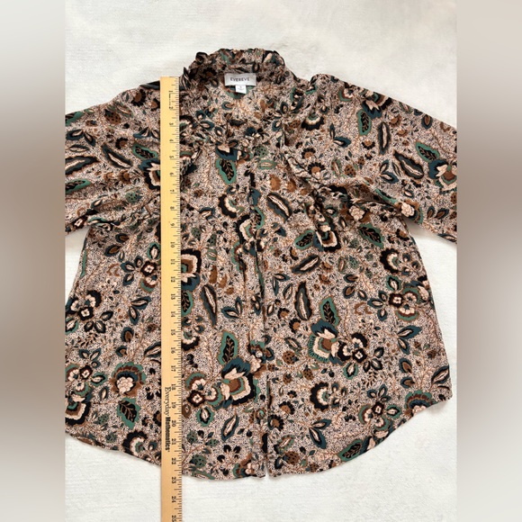 Evereve Paisley Ruffle Neck Blouse Green Brown Boho Size Small - Picture 4 of 11